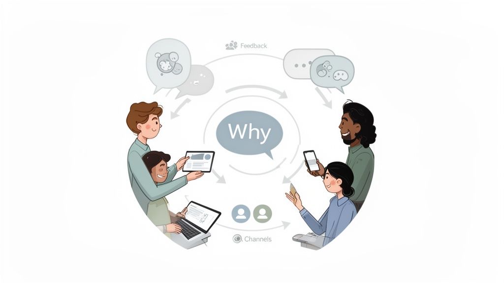 Diverse people use various digital channels to gather feedback, revolving around the core question of 'Why'.