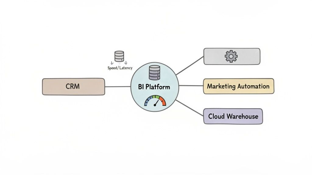 A central BI Platform integrates CRM, marketing automation, cloud warehouse, and other systems, indicating data speed and latency.