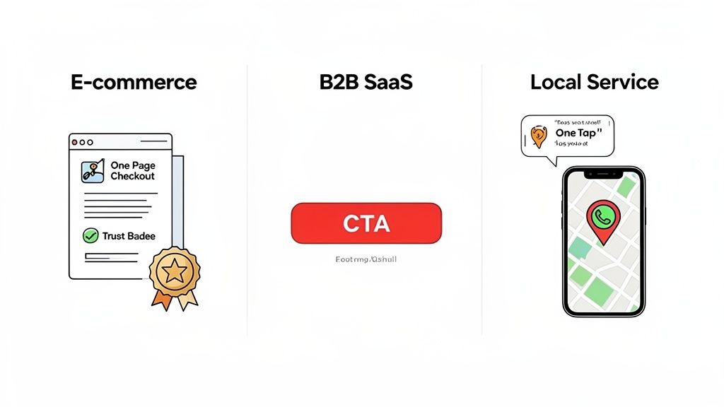 Illustrates conversion optimization strategies for e-commerce, B2B SaaS, and local service businesses.