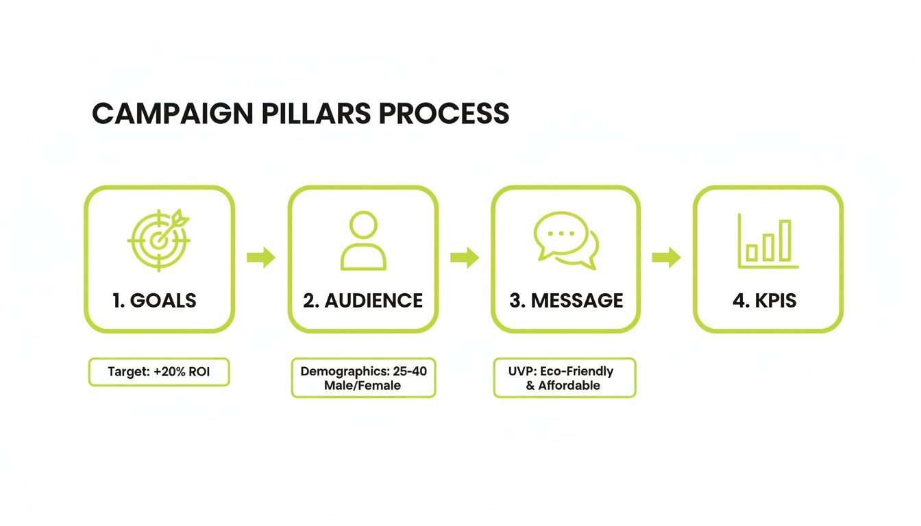 A campaign pillars process diagram showing steps for goals, audience, message, and KPIs with details.