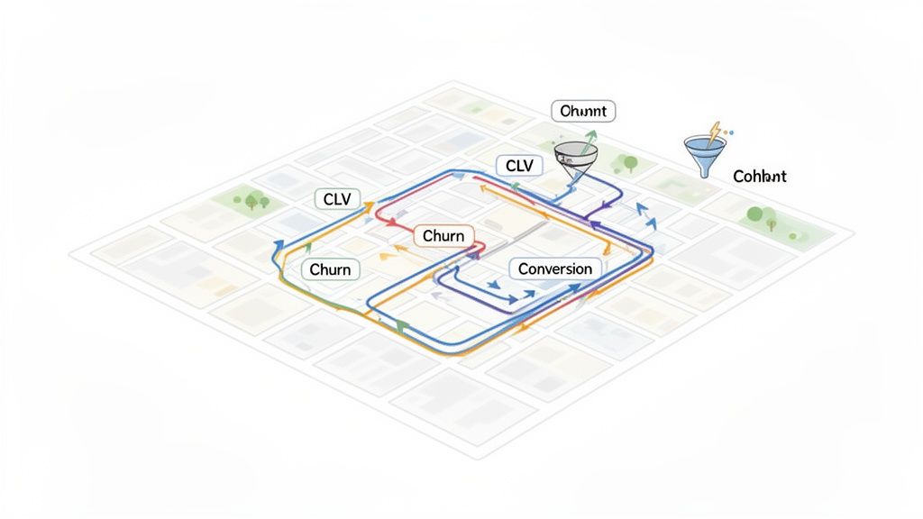 A diagram illustrating customer journey analytics with paths for CLV, Churn, Conversion, and funnels.