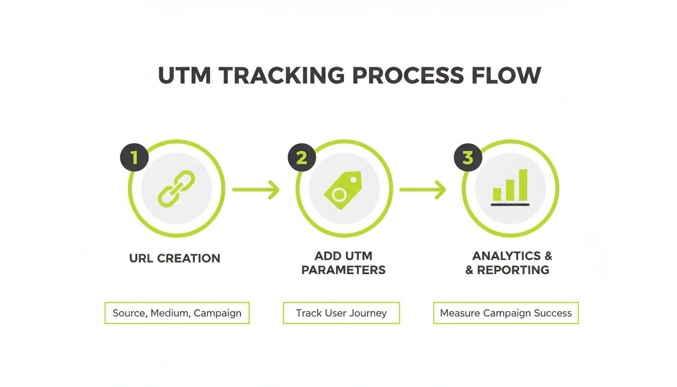 A UTM tracking process flow diagram illustrating URL creation, parameter addition, and analytics reporting.