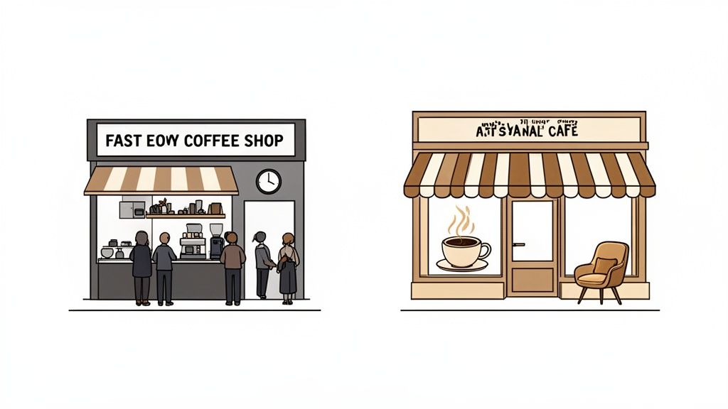 Two illustrated coffee shops: a fast-paced counter service and a cozy artisanal cafe.