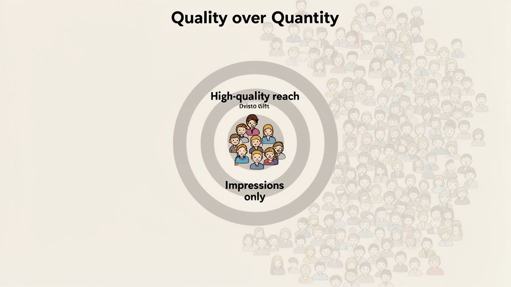 Diagram illustrating quality over quantity, with a small high-quality reach group and a large crowd representing impressions.