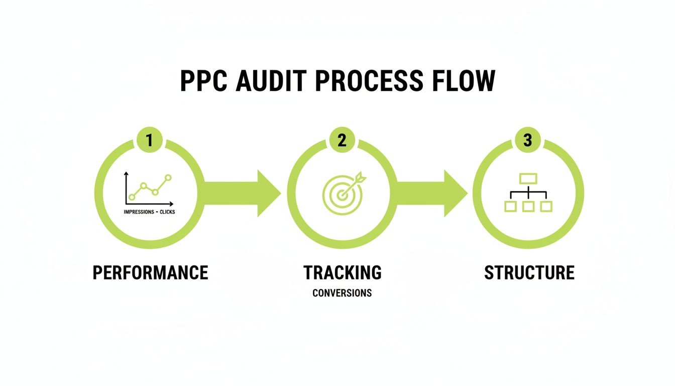Flowchart illustrating the PPC audit process with three main steps: performance, tracking, and structure.