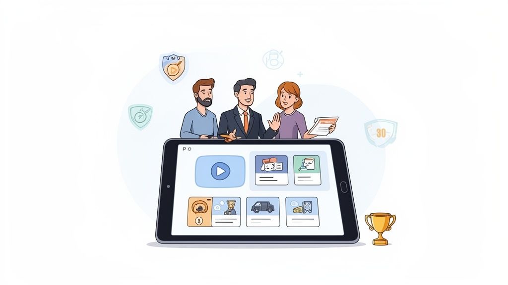 Three people discuss content on a tablet with digital icons and rewards, representing digital transformation.