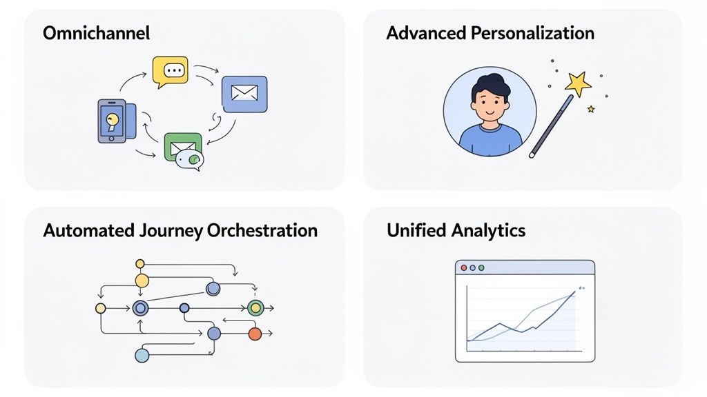 Visualizing a customer engagement platform with omnichannel, personalization, journey orchestration, and unified analytics features.