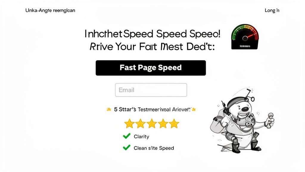 A landing page promoting fast page speed services with an email signup, five-star rating, and a speed gauge.