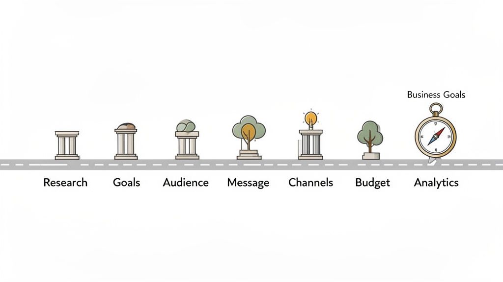 A visual guide depicting the steps of a marketing plan: Research, Goals, Audience, Message, Channels, Budget, Analytics.