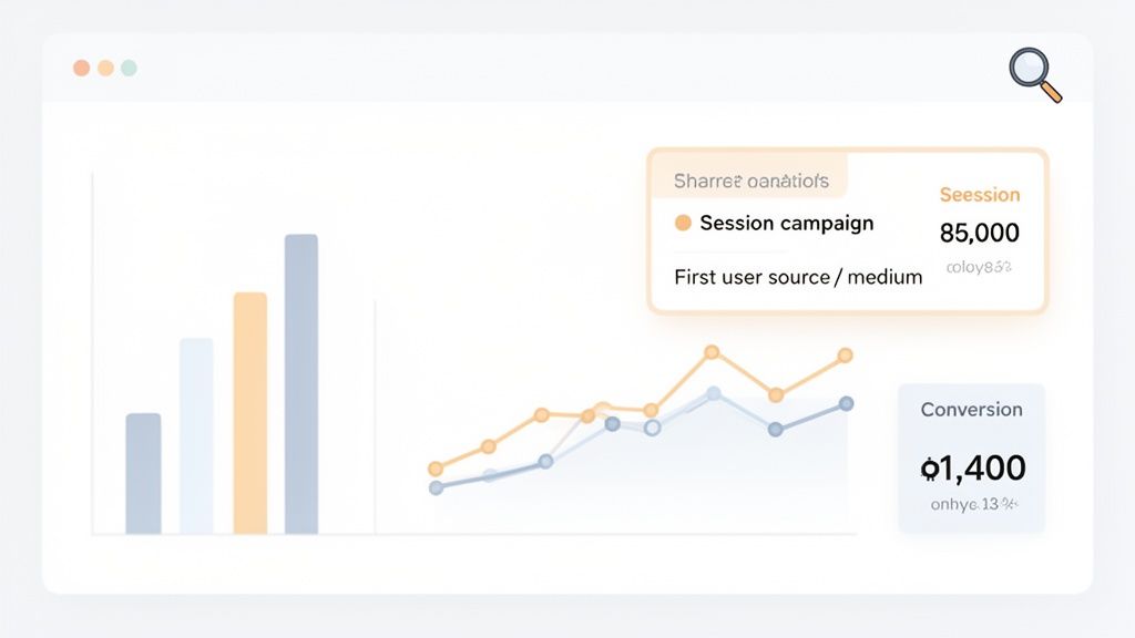 A web analytics dashboard displaying session campaign data, conversion metrics, and various charts.