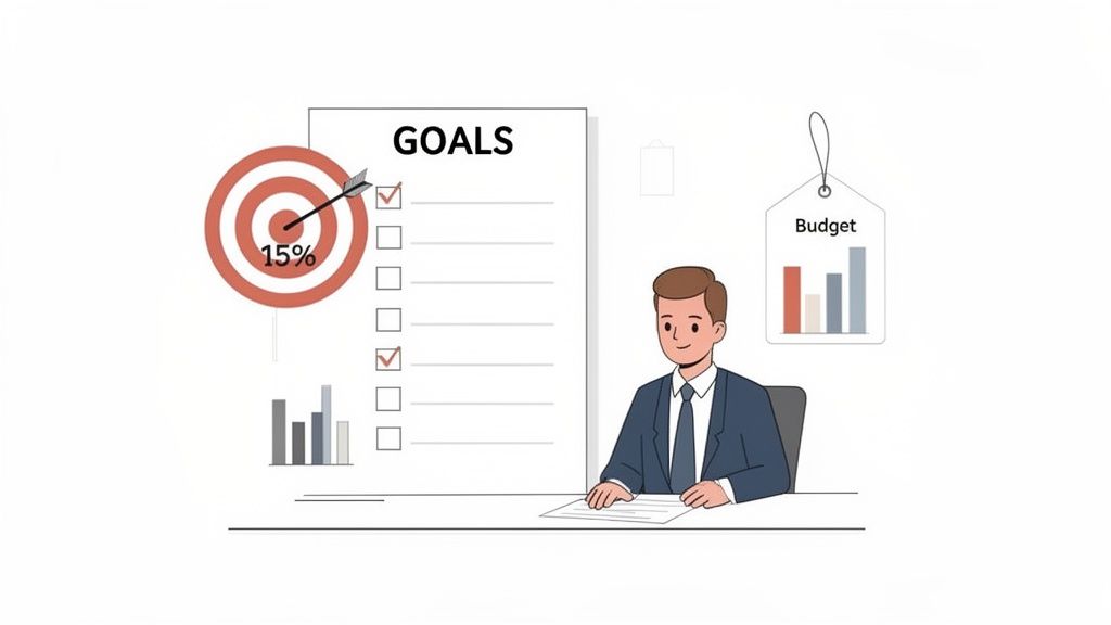 A businessman achieving goals, with a target, checklist, and budget planning for success.