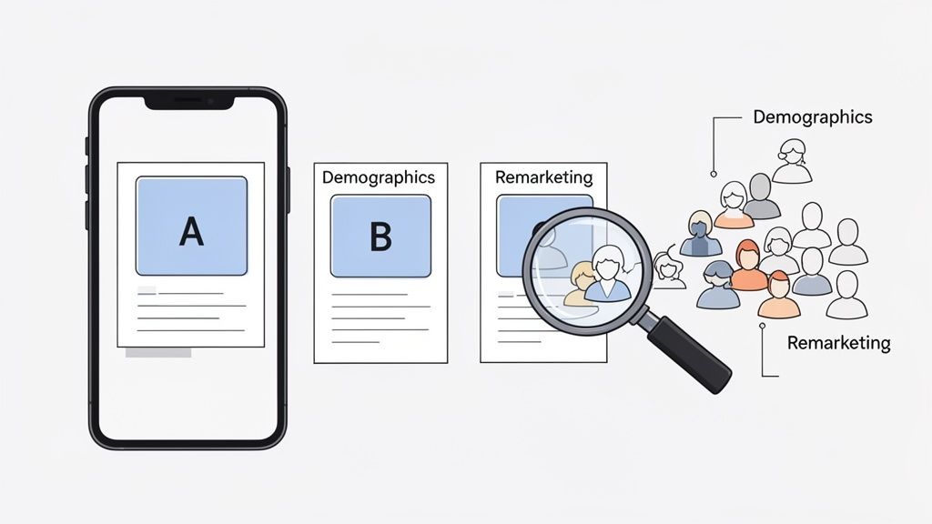 Image illustrating A/B testing, demographic targeting, and remarketing for PPC ad campaigns on mobile.