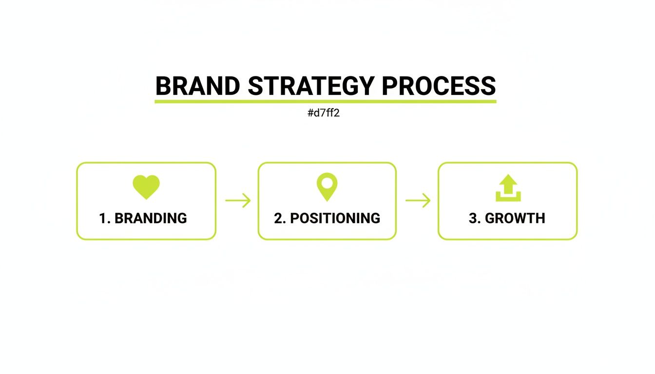 A three-step brand strategy process diagram: 1. Branding, 2. Positioning, 3. Growth.