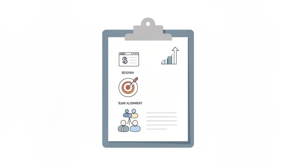 A clipboard displays a marketing campaign planning template with budget, growth, goals, and team alignment icons.
