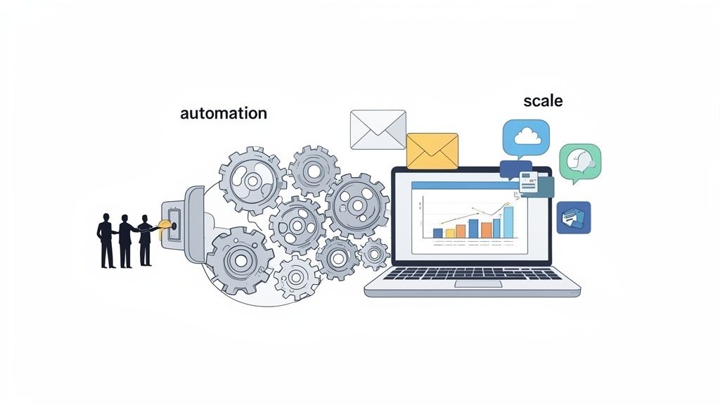 Visualizing automation and scale: people activate gears leading to a laptop displaying data and digital communication.
