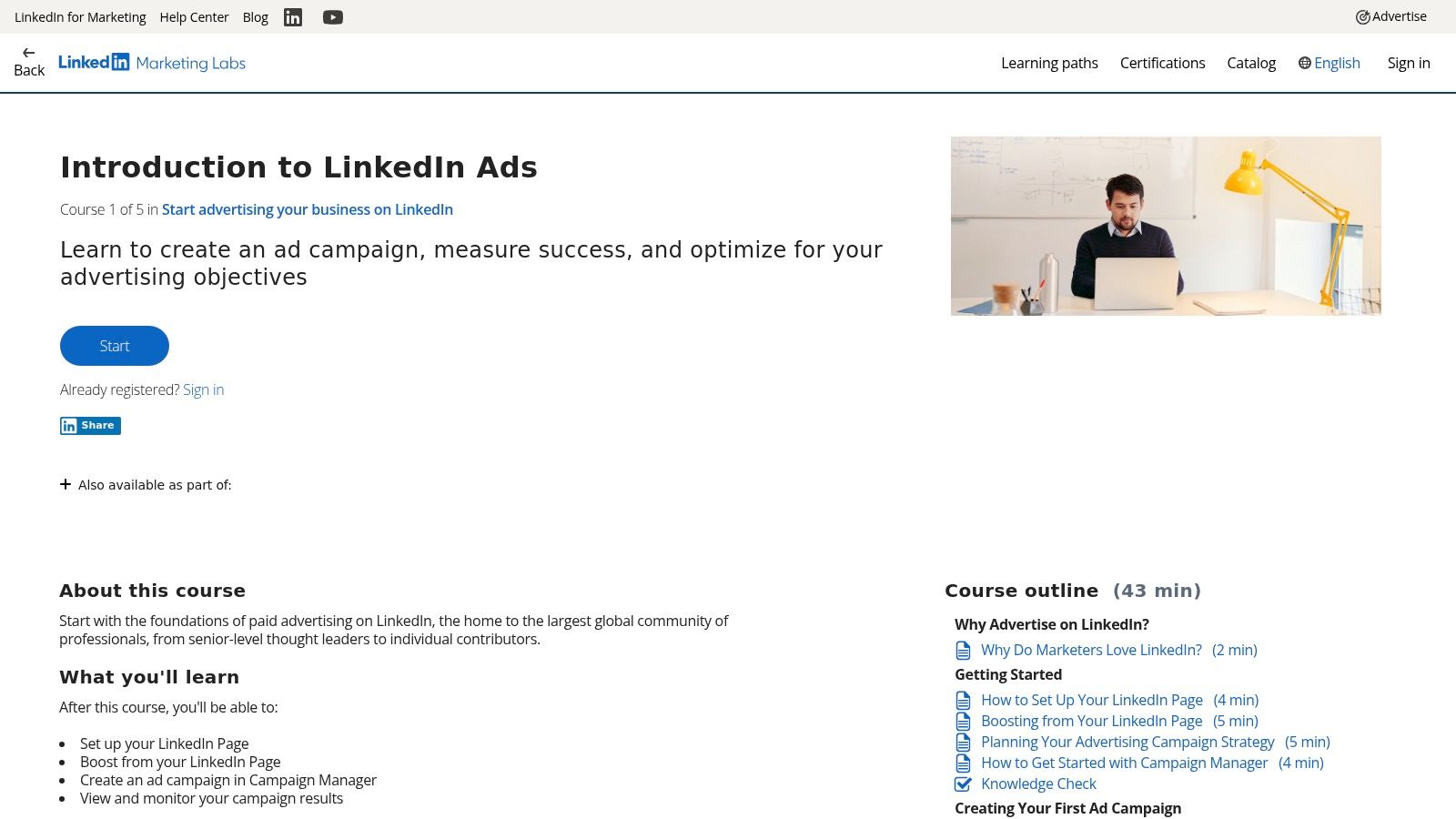 A screenshot of the LinkedIn Marketing Labs online course dashboard showing different learning paths and modules.