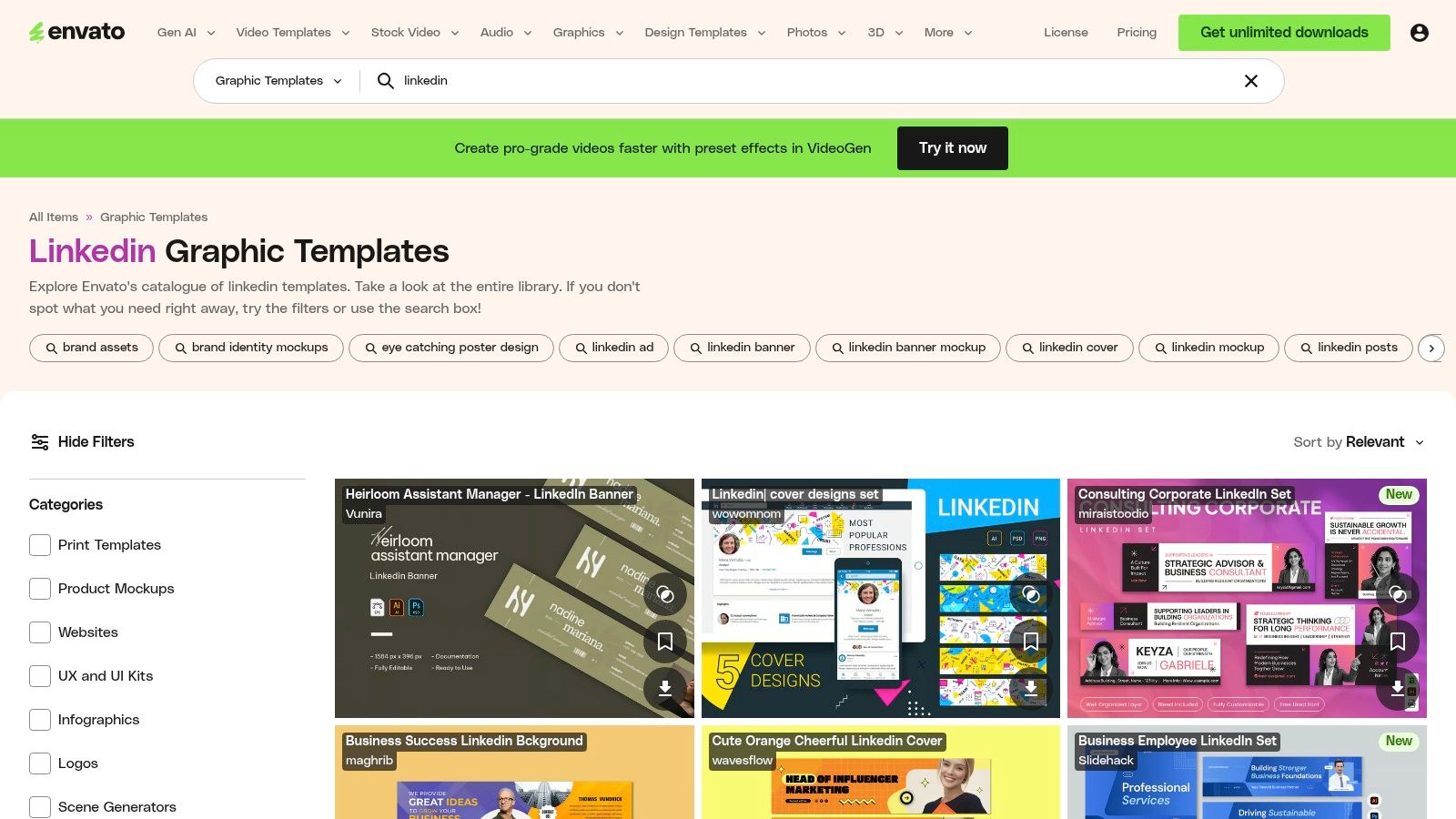 A screenshot of the Envato Elements website showing a variety of LinkedIn ad templates with different visual styles and layouts.