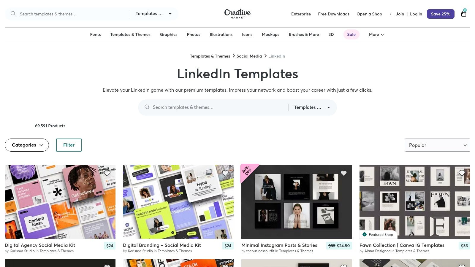 A screenshot of the Creative Market website displaying a search for "LinkedIn templates," showing a grid of various design templates for sale.