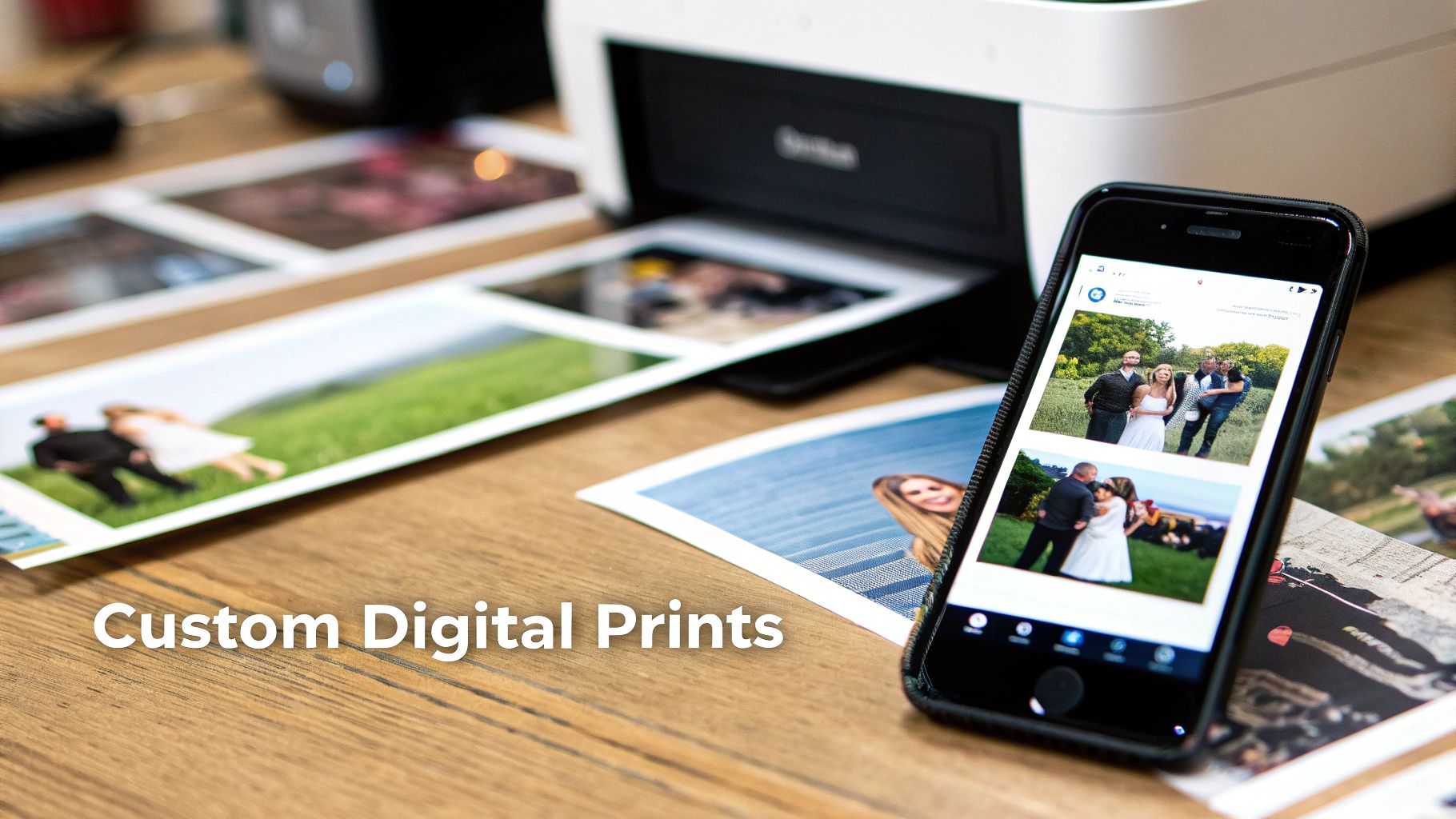 A white photo printer outputs custom digital prints from a smartphone on a wooden desk.