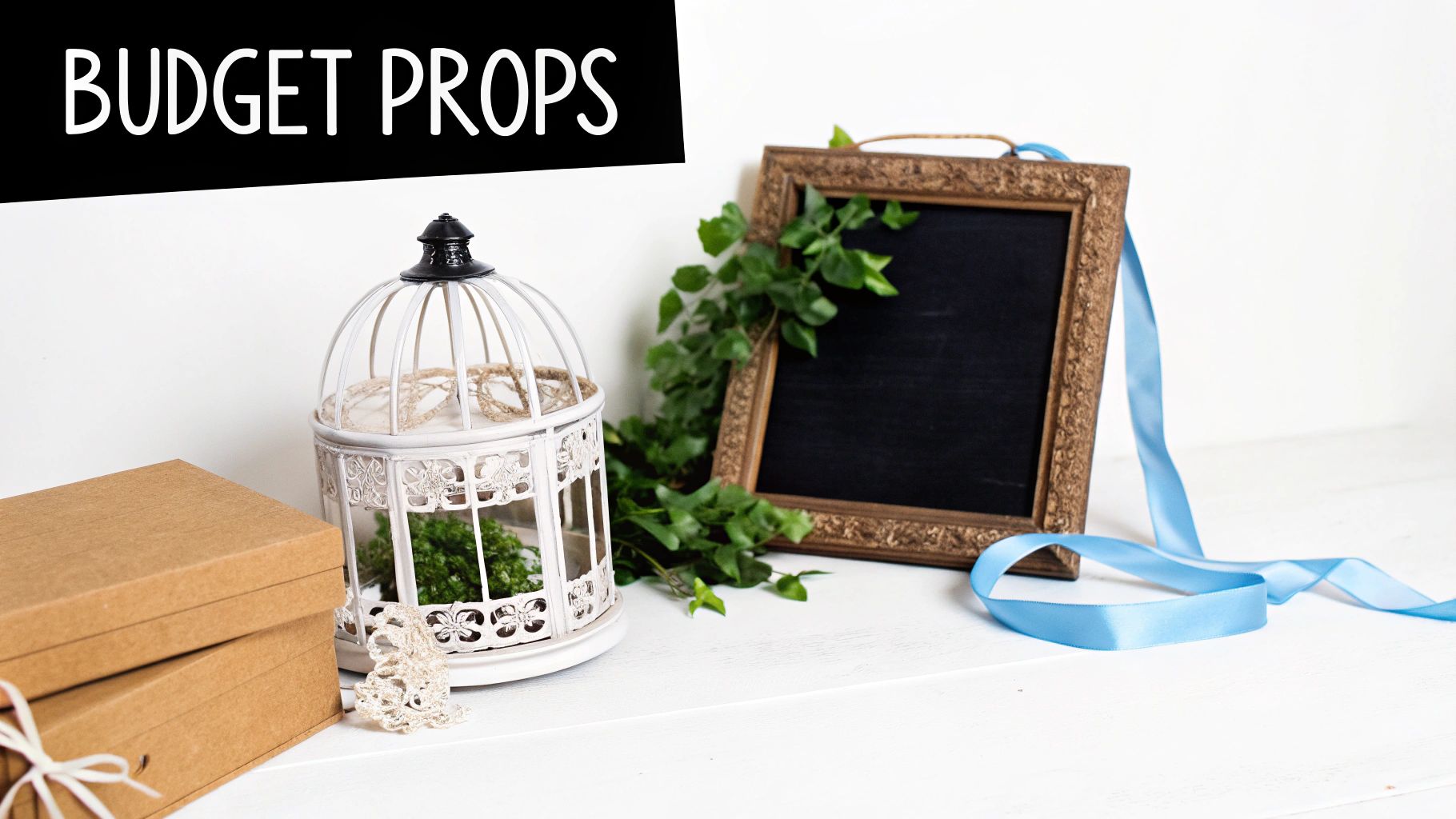 A collection of budget-friendly photography props including brown boxes, a birdcage, a framed chalkboard, and a blue ribbon.