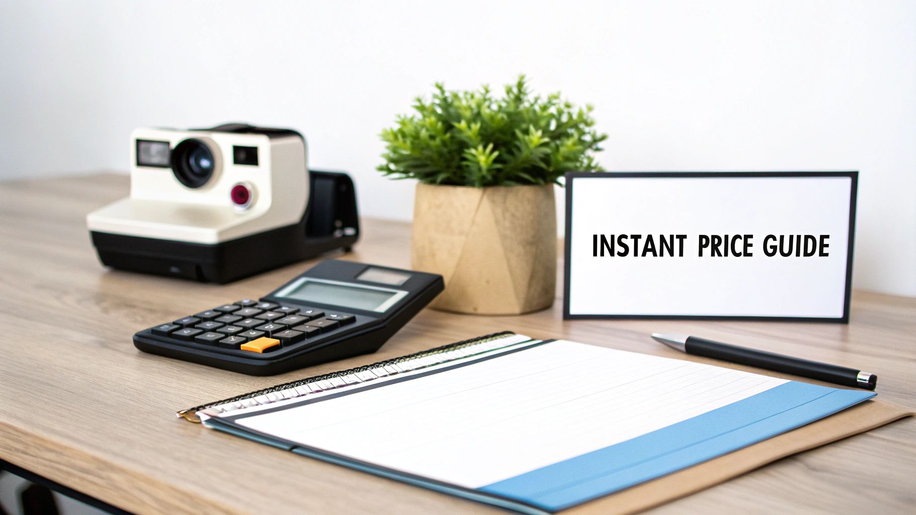 A desk setup featuring a vintage camera, calculator, potted plant, notebook, pen, and an 'Instant Price Guide' sign.