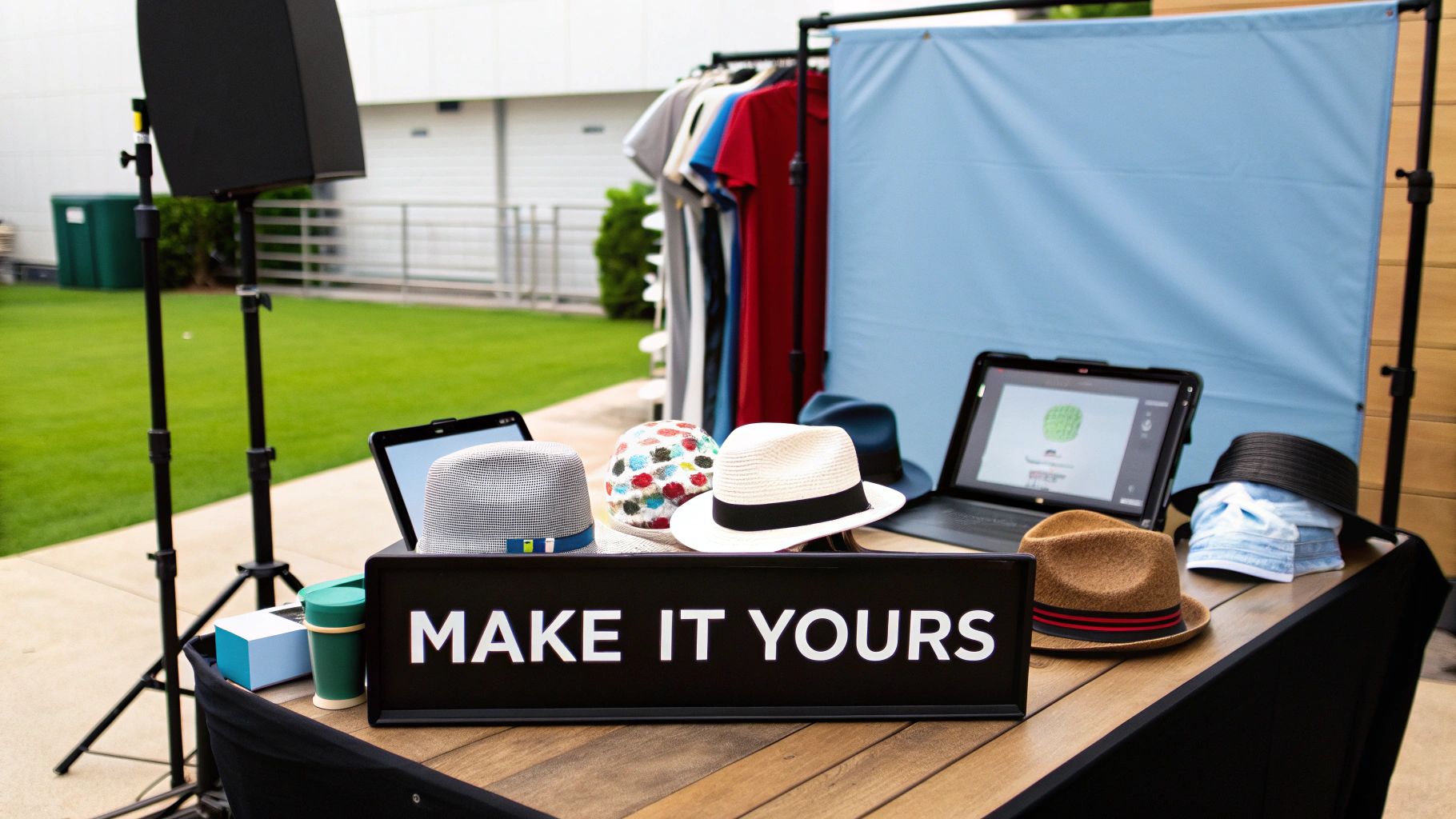 A 'MAKE IT YOURS' sign on a table with hats, tablets for customization, and a photo booth setup.