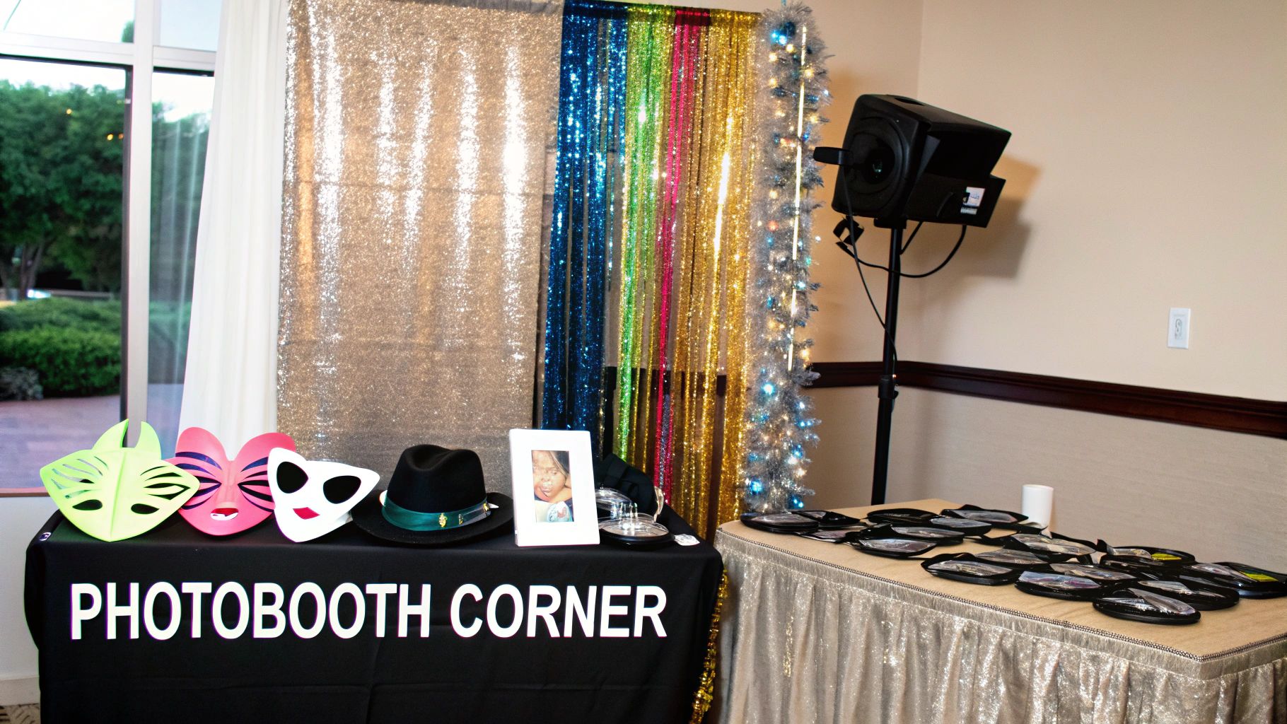 Guests posing with photobooth wedding props in front of a stylish backdrop.