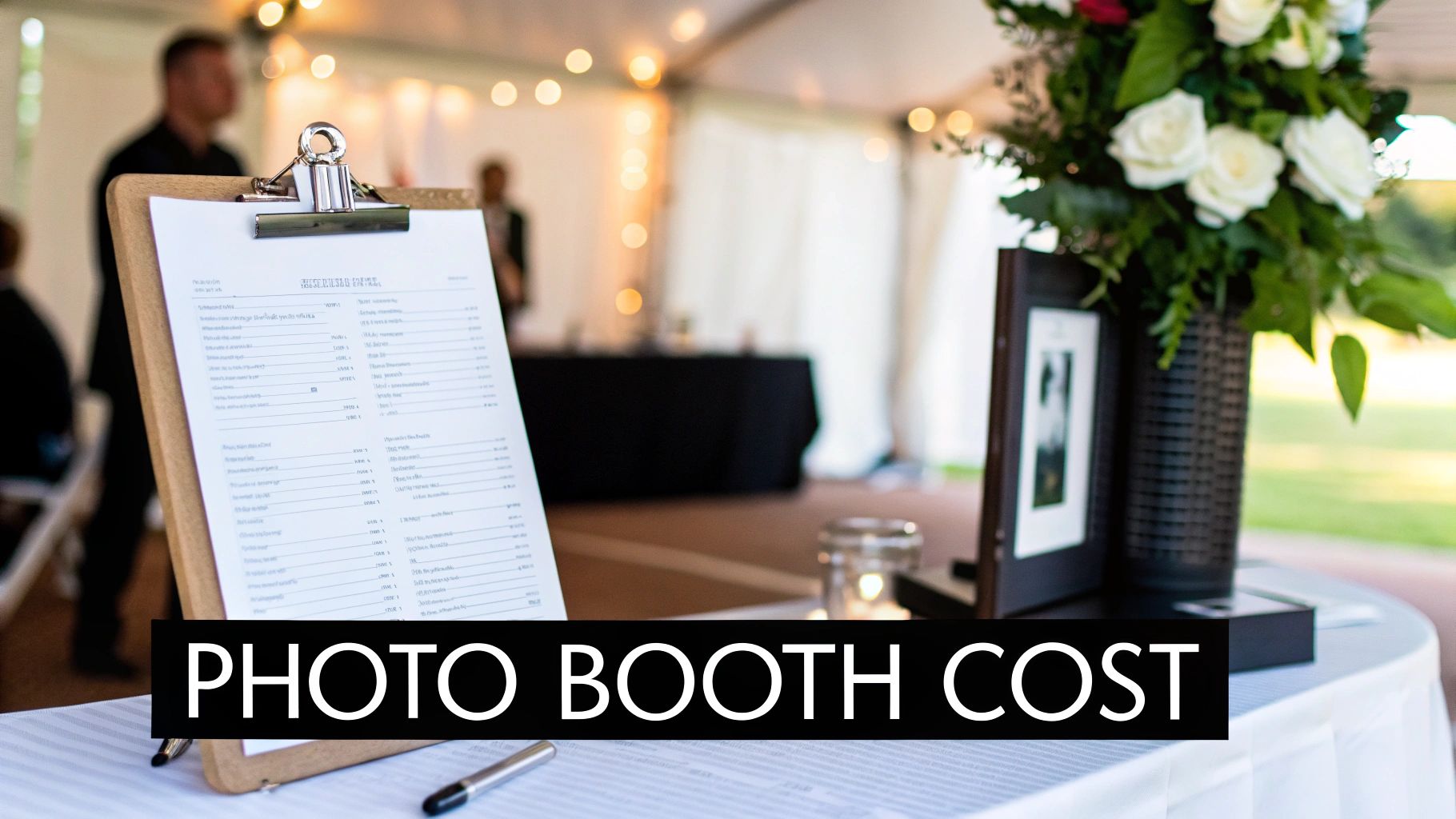Wedding guests having fun taking photos inside a photo booth.
