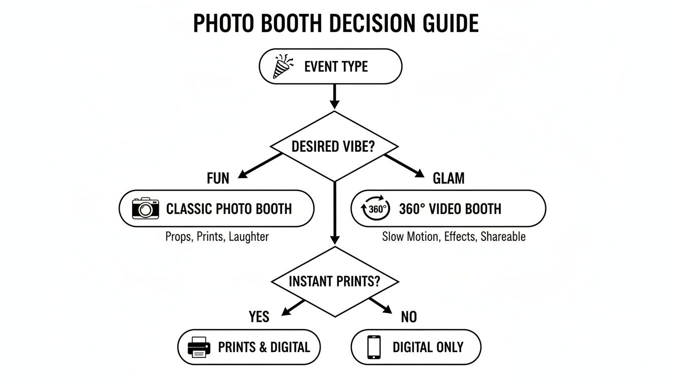 A flowchart titled 'Photo Booth Decision Guide' outlining choices for event type, desired vibe, and print options.