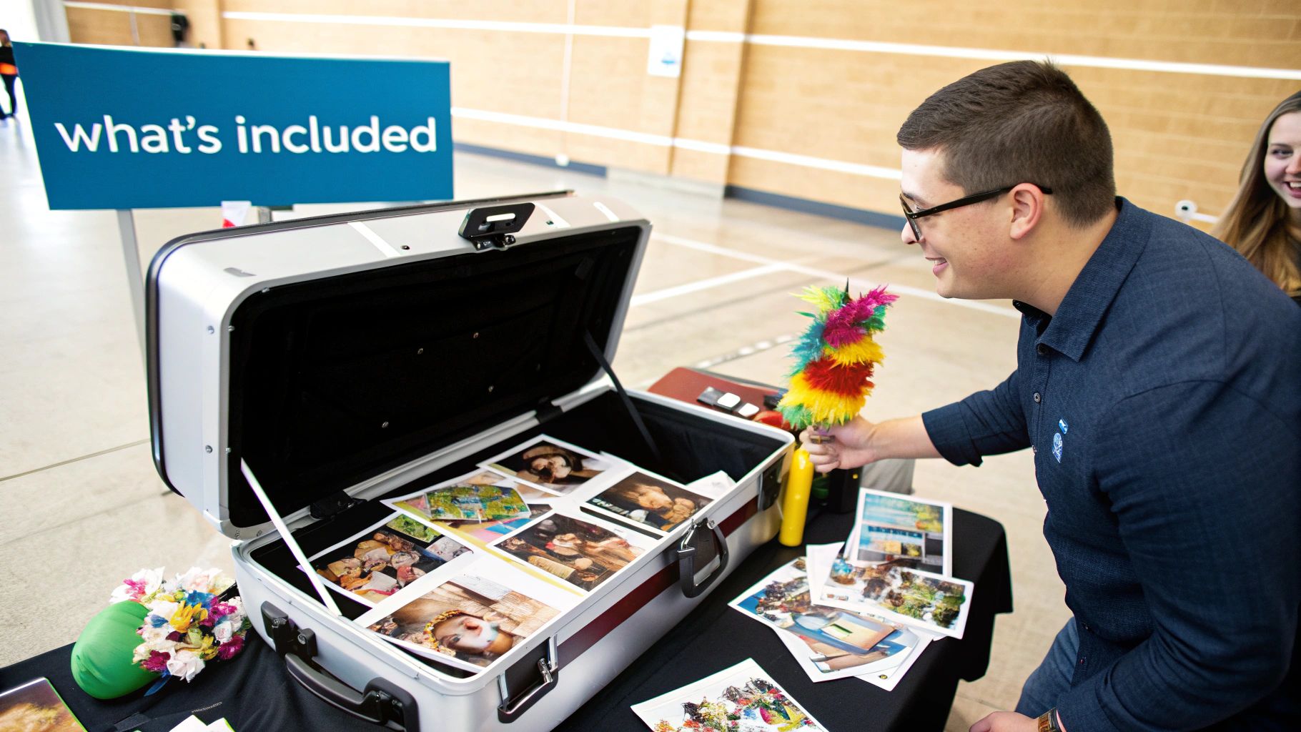 A collection of fun and colourful photo booth props laid out on a table.