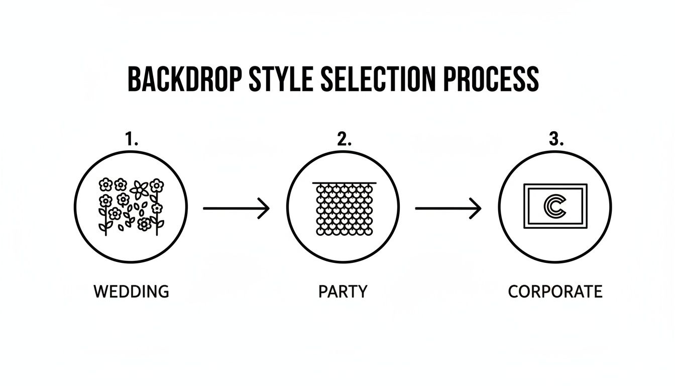 Diagram illustrating the backdrop style selection process for Wedding, Party, and Corporate events.