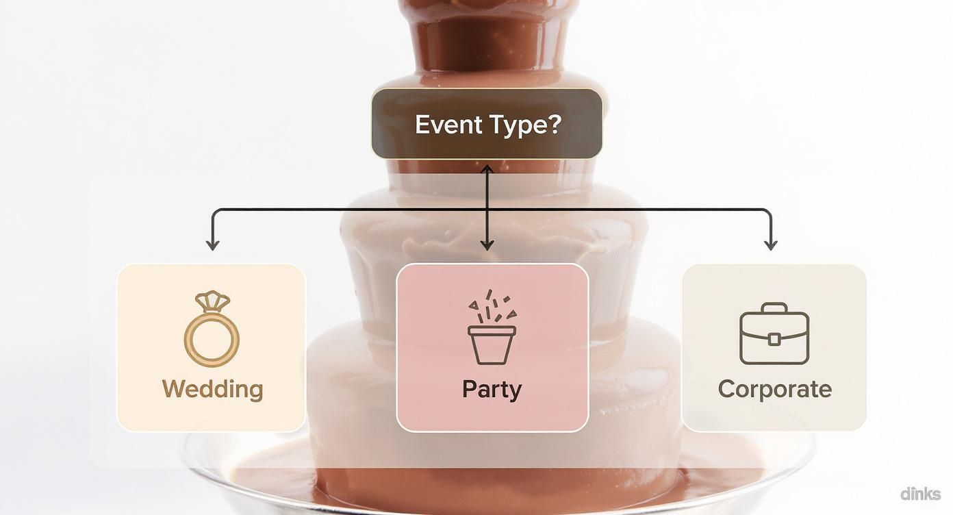 A diagram with a chocolate fountain, showing event types: Wedding, Party, and Corporate.
