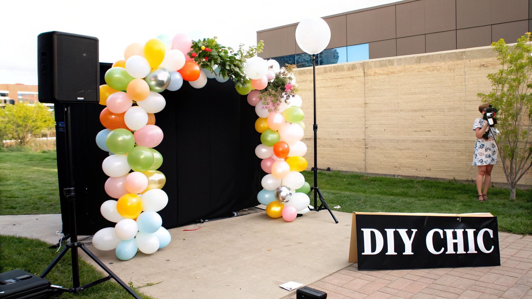 A creative DIY photo booth backdrop made of colourful ribbons and flowers.