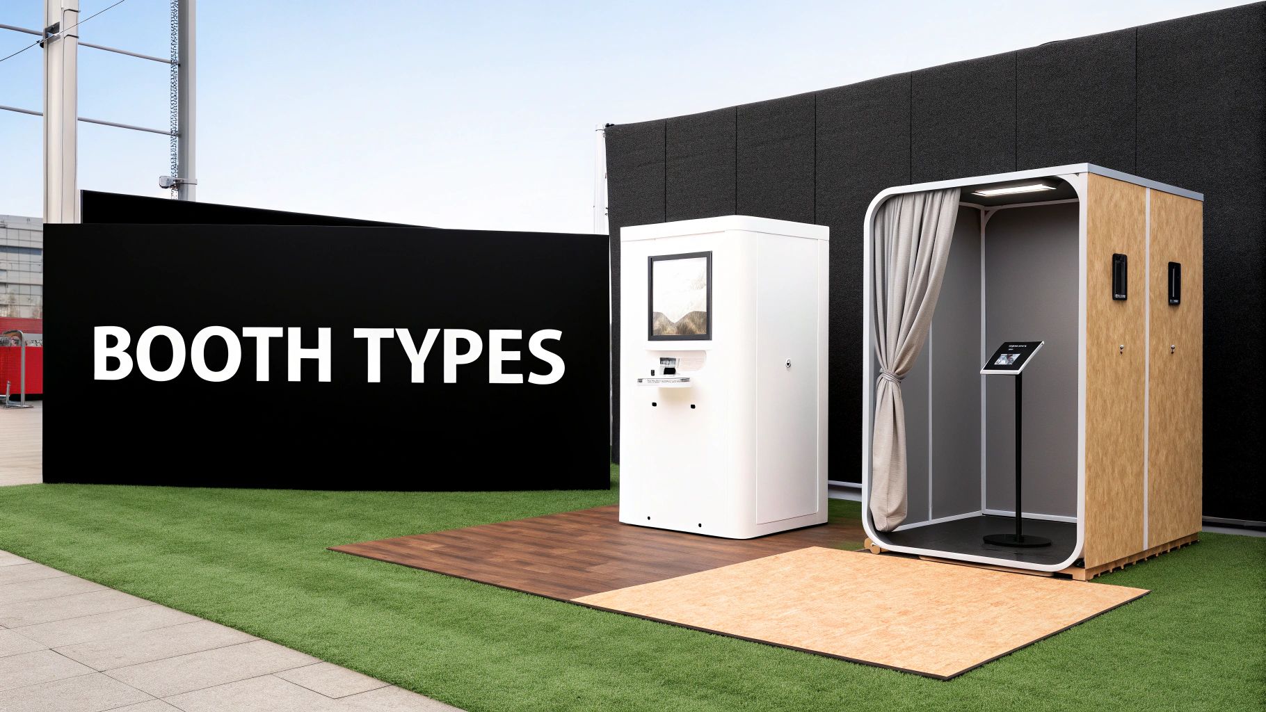 Three different photo booth types displayed outdoors showing white enclosed, curtain, and wooden door models