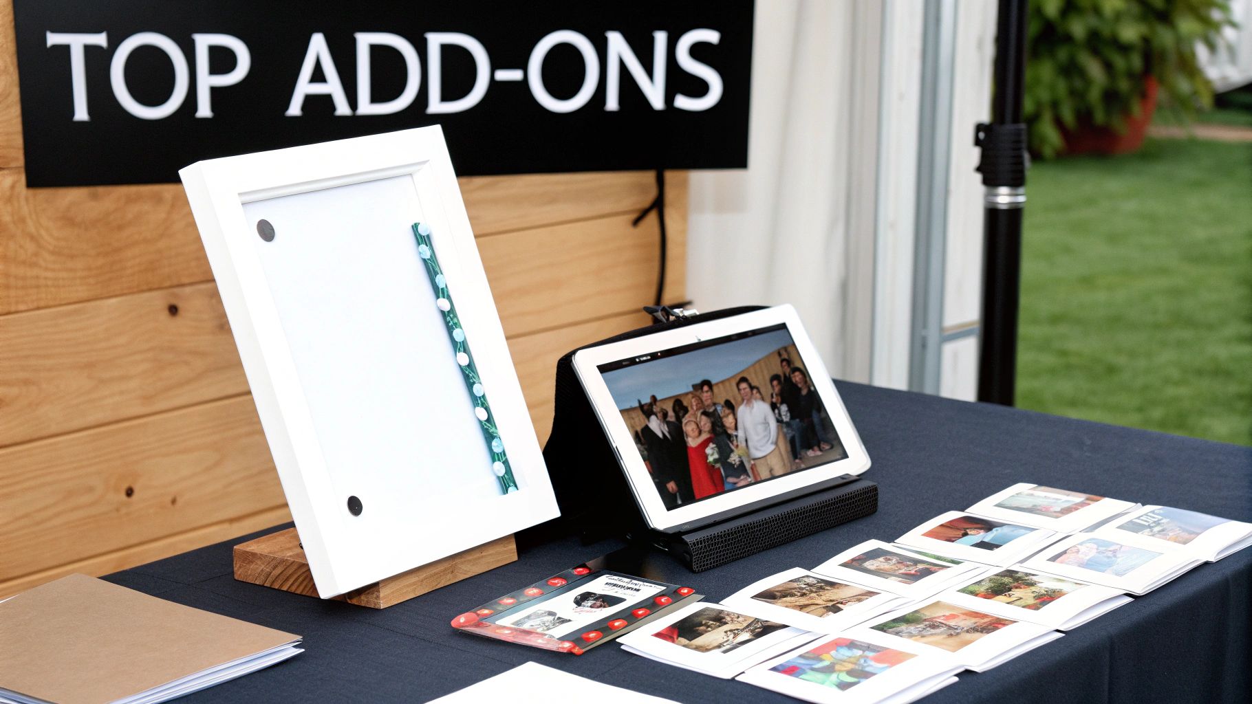 Event display with 'TOP ADD-ONS' sign, an iPad showing a group photo, and various printed samples.