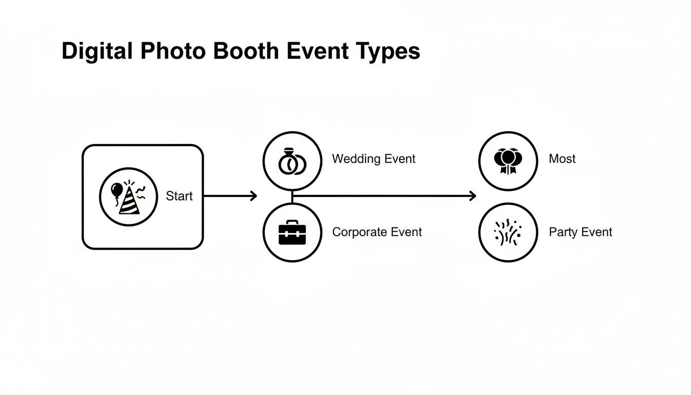 Flowchart illustrating digital photo booth event types including wedding, corporate, and party events.