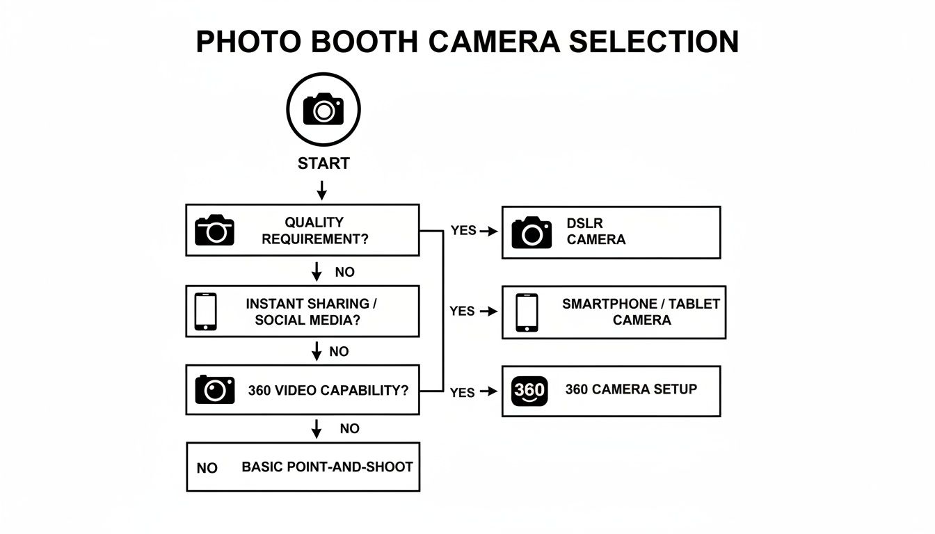 Flowchart guiding photo booth camera selection based on quality, sharing, and 360 video requirements.