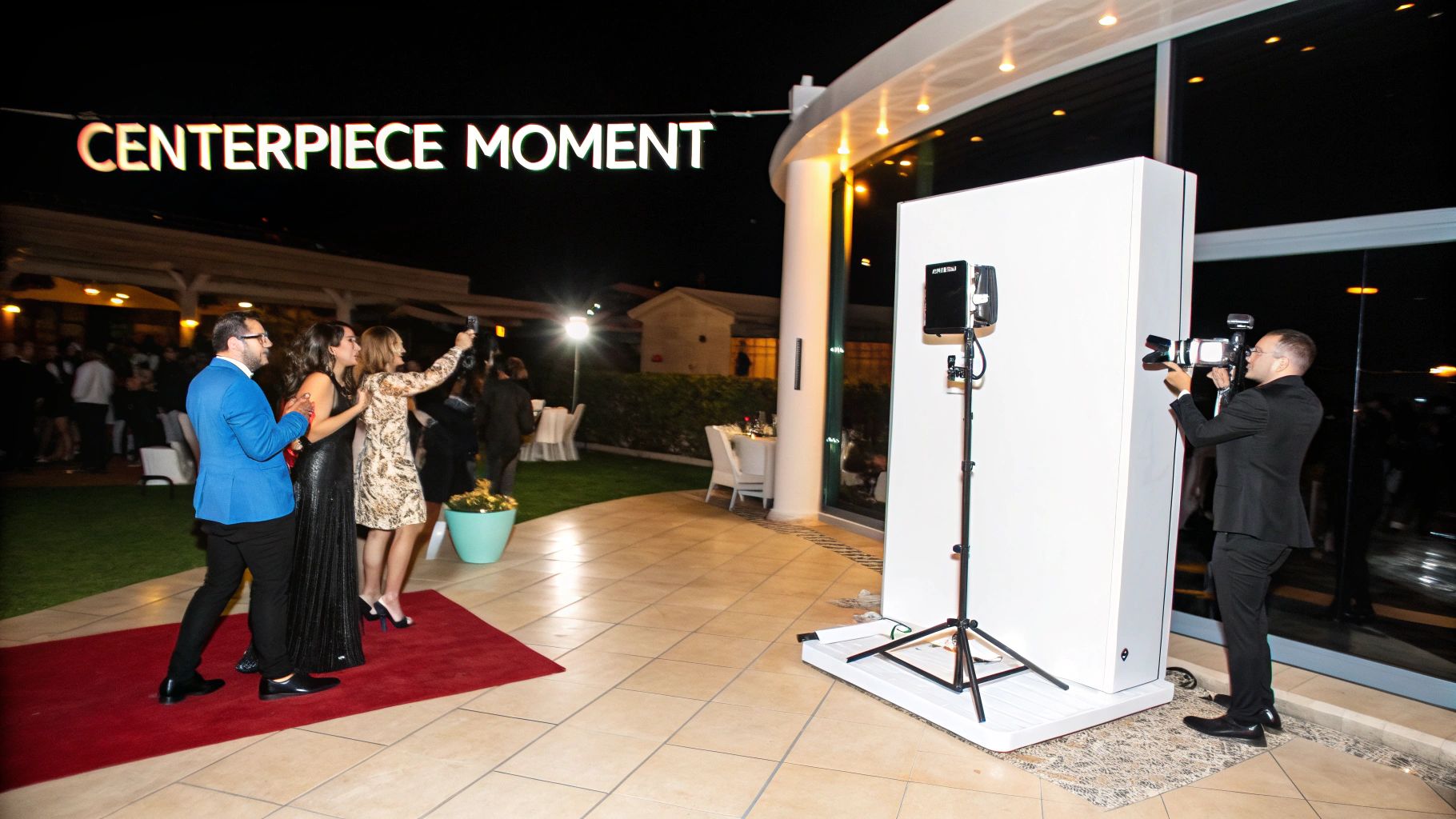 Guests having fun in a 360 camera photo booth at an event