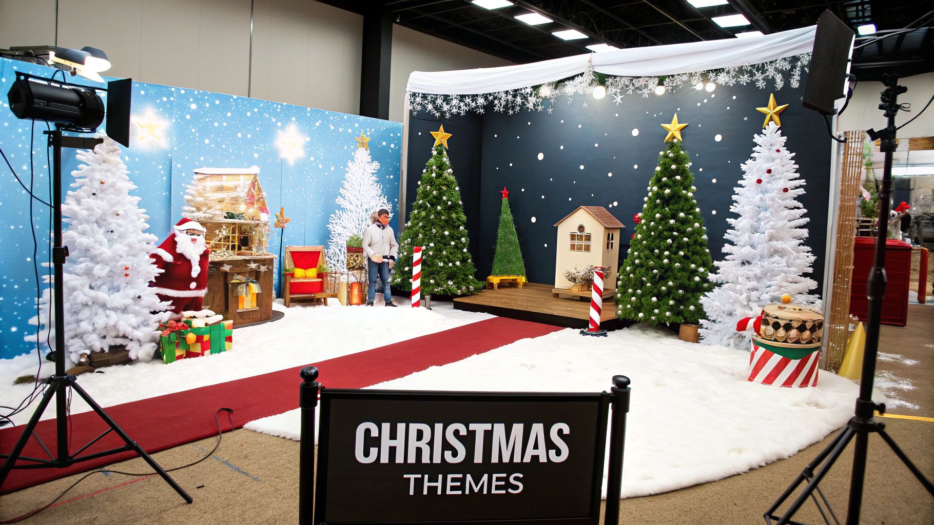 Multiple Christmas-themed photo booth displays with trees, Santa, and houses in a studio setting.