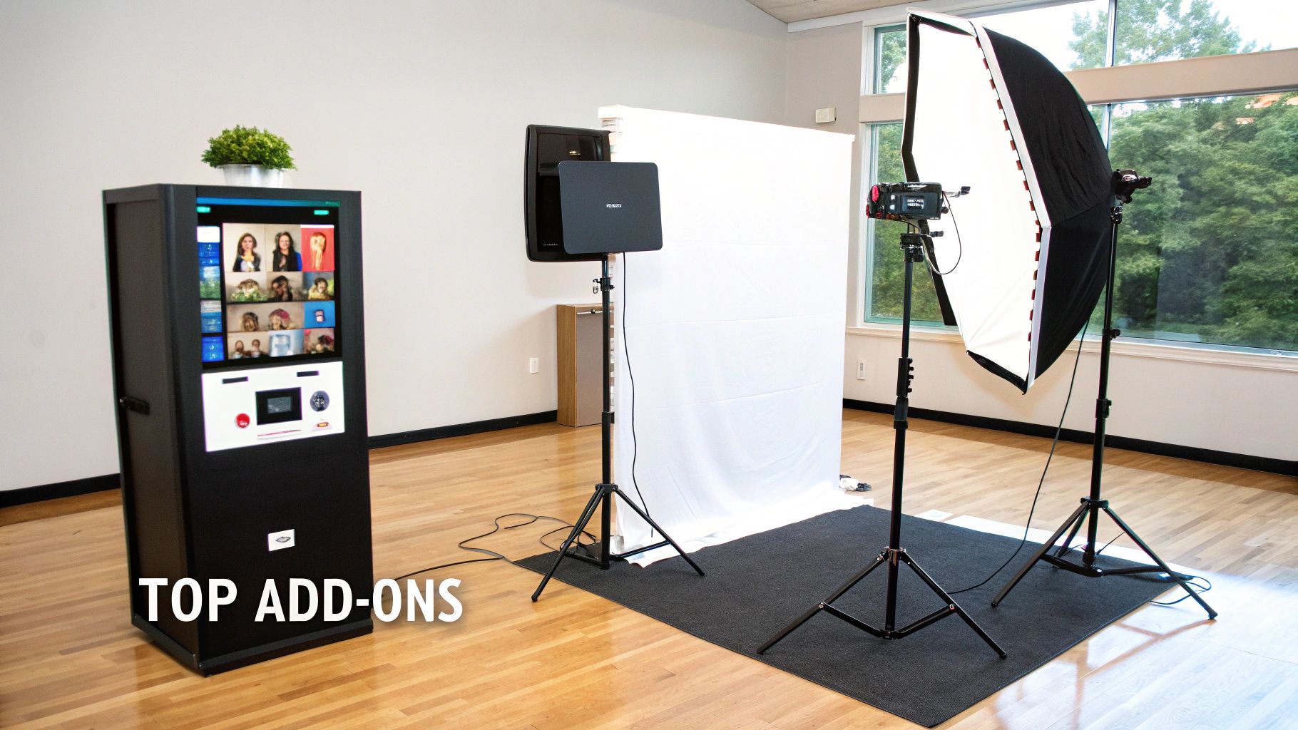 A professional photo booth setup featuring a black booth, white backdrop, and studio lighting.