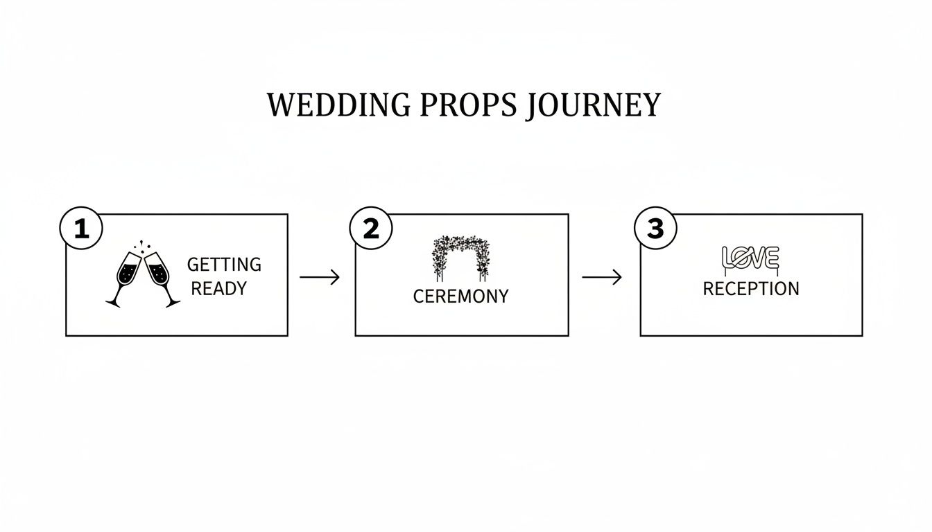 A flowchart illustrating the journey of wedding props across three stages: getting ready, ceremony, and reception.