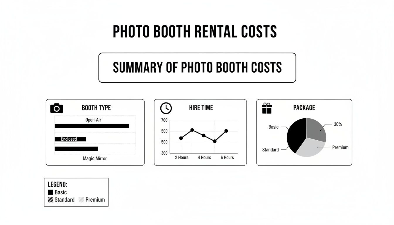 Charts summarizing photo booth rental costs by booth type, hire time, and package options with a legend.
