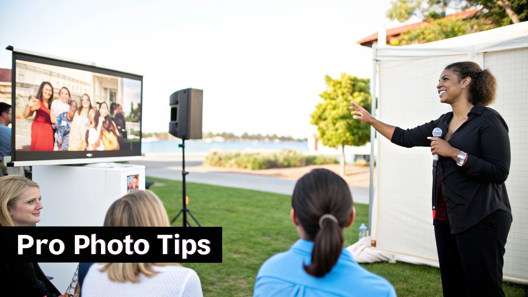 A group of friends laughing and taking photos in a photo booth at an event.