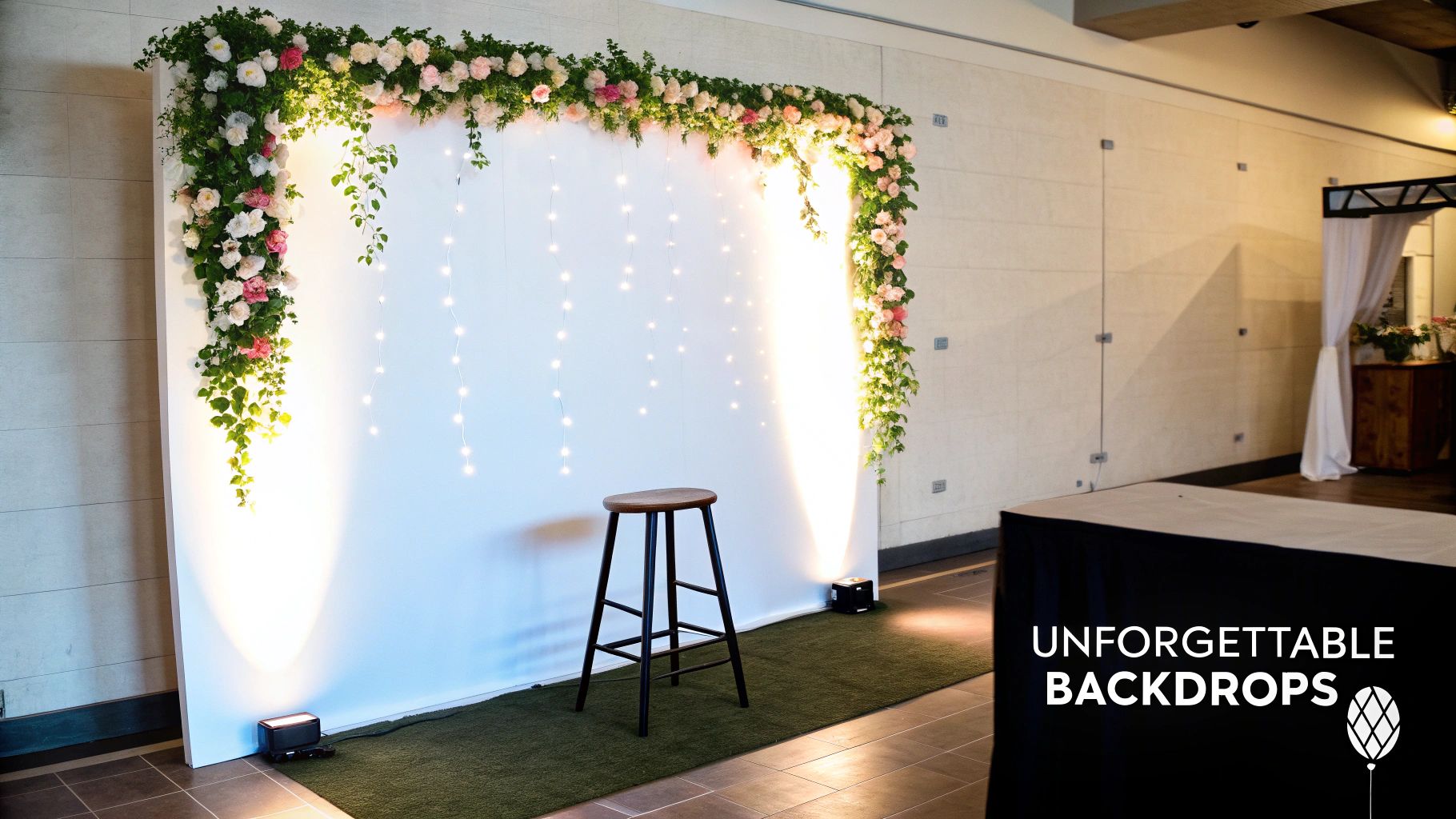 A white photo booth backdrop decorated with a floral garland, fairy lights, and a wooden stool.