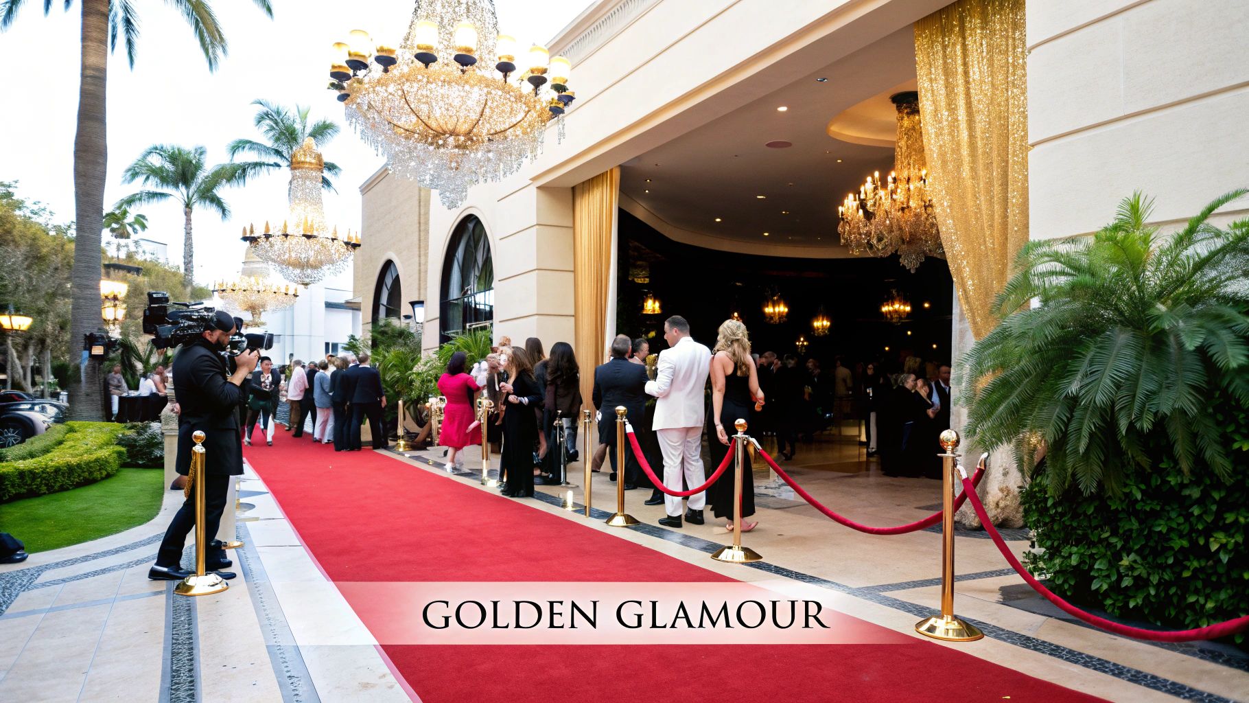 A glamorous 50th birthday party setup with gold balloons, a sequin backdrop, and a champagne tower, embodying the Golden Glamour theme.