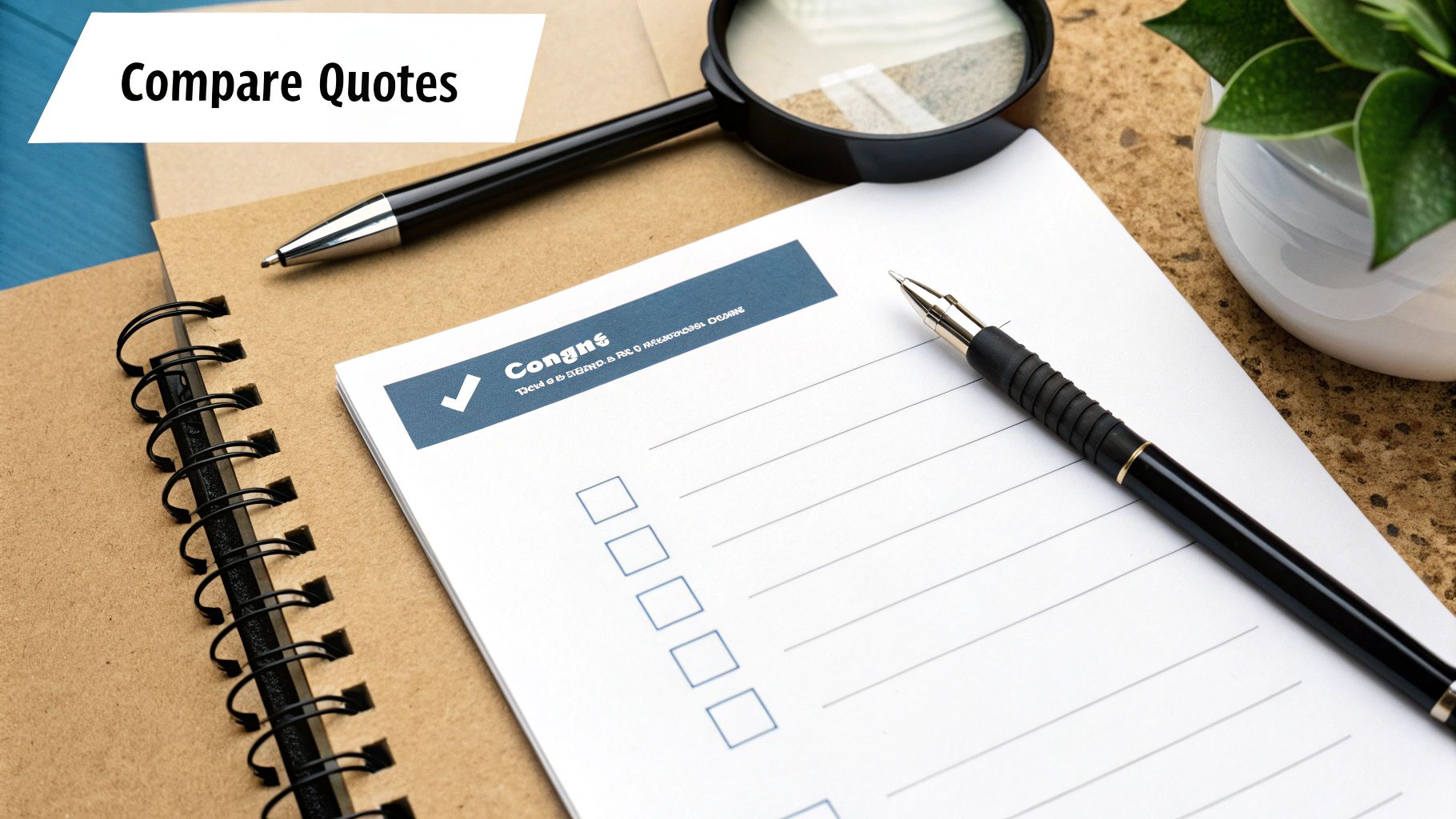 A checklist page, pen, magnifying glass, and notebook on a desk, used for comparing quotes.