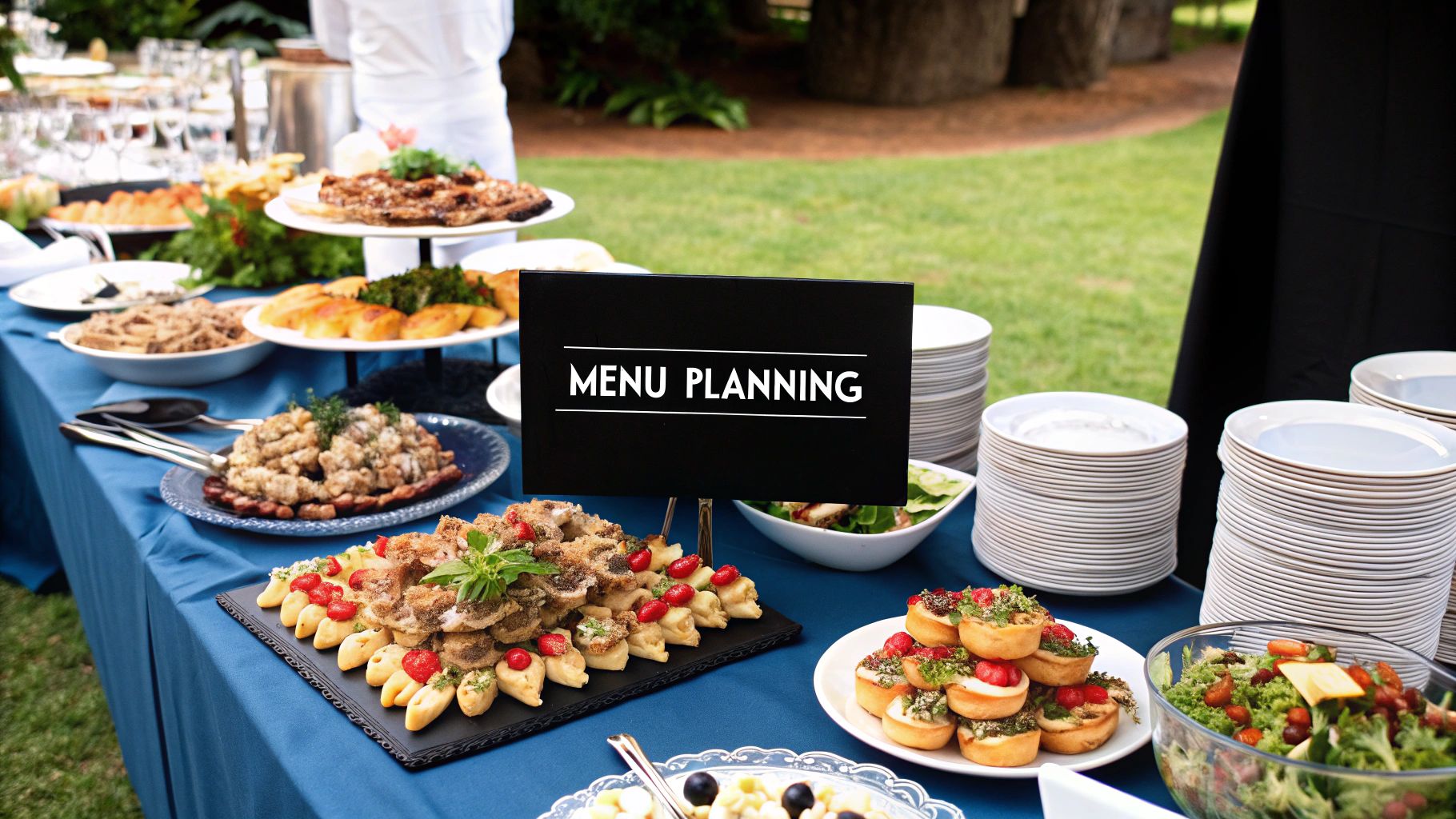 A catered buffet with various dishes and salads ready for a party.