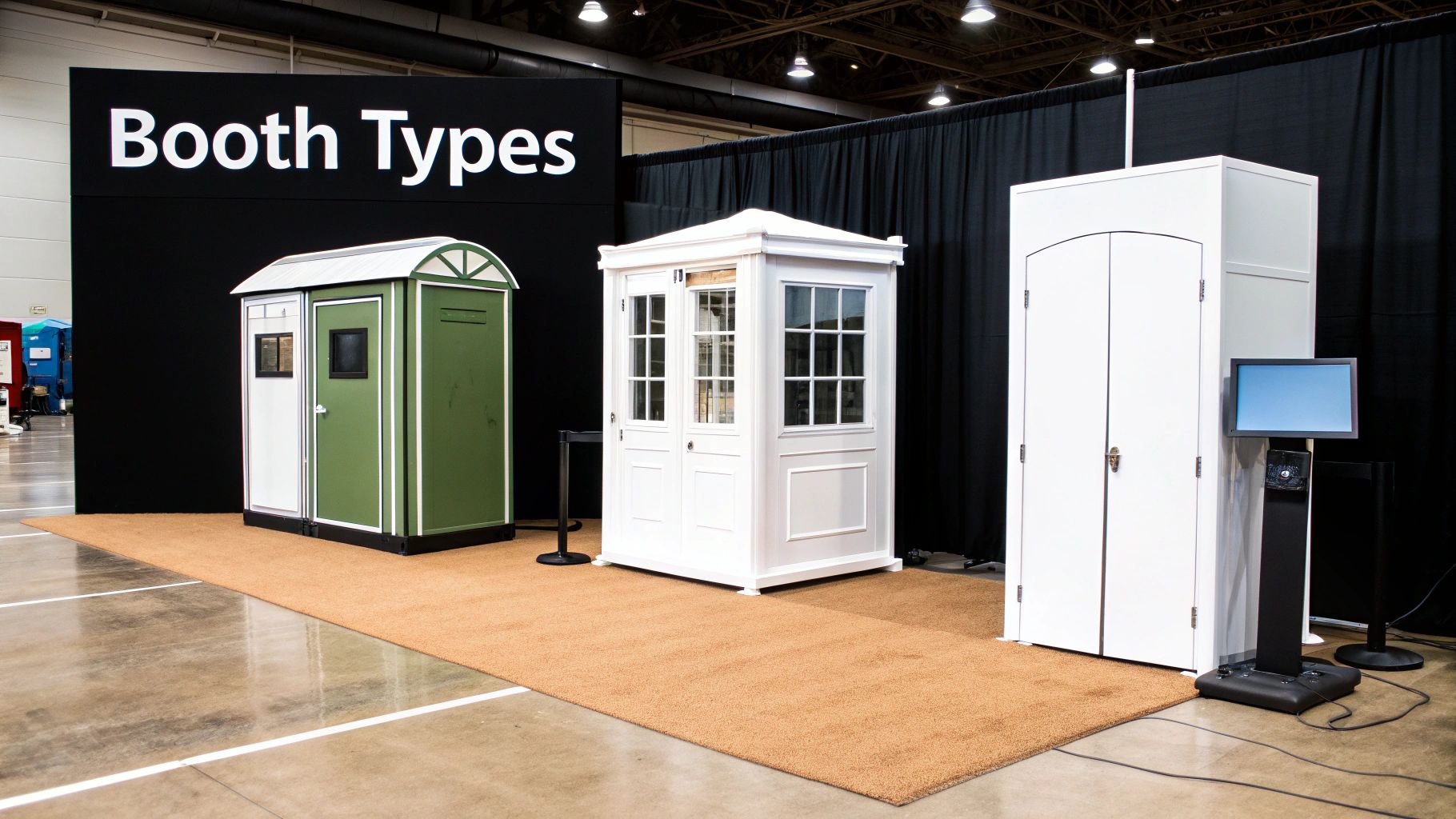 Three distinct booth types on display: a green, a white windowed, and a modern white interactive booth.