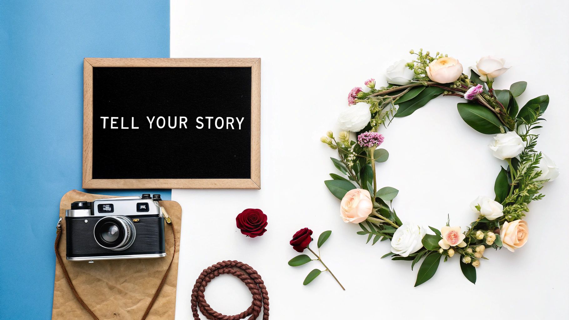 A flat lay of a chalkboard with 'TELL YOUR STORY', a vintage camera, and a beautiful floral wreath.