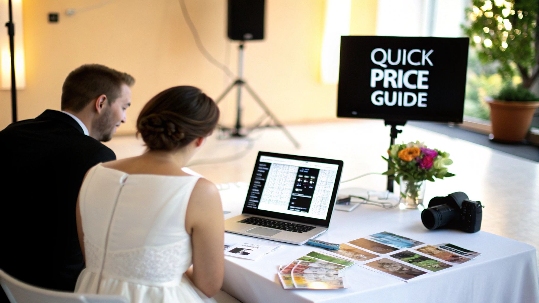 Couple reviewing laptop and a 'Quick Price Guide' screen at a wedding event consultation.